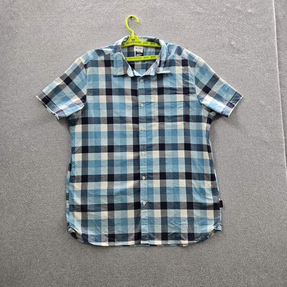 The North Face Men Button Up Shirt XL Blue Plaid Logo Short Sleeve
